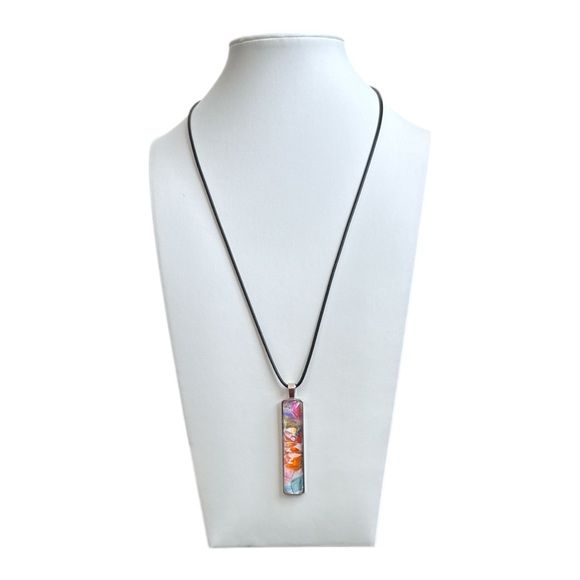Rainbow Fluid Art Bar Pendant Cord Necklace Handmade by Svetlana Yeung - Picture 3 of 9